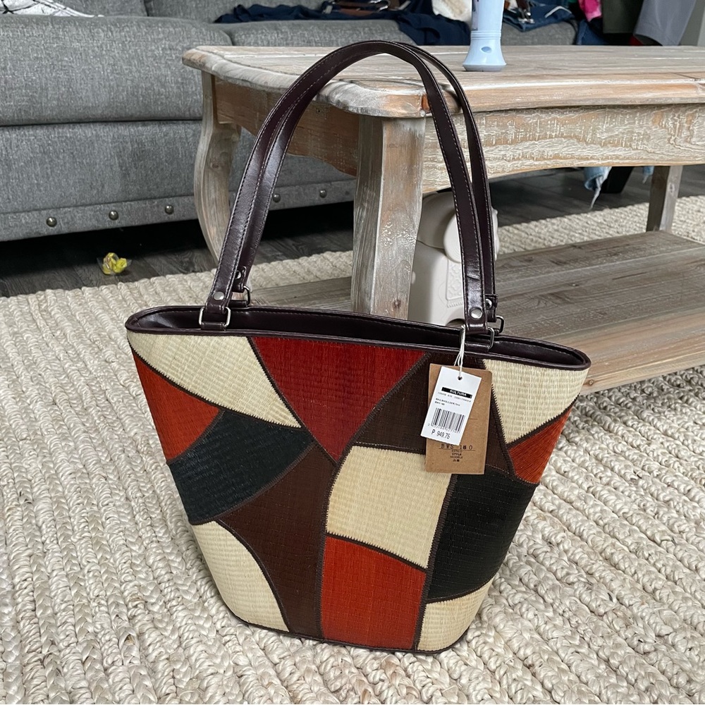 Vintage Le Sac Handbag purse tote leather woven color block retro style NEW